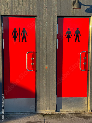 door, sign, red, old, house, entrance, building, architecture, wall, blue, wood, home, window, doorway, green, street, Toilet door, colored door, red toilet door, toilet separation