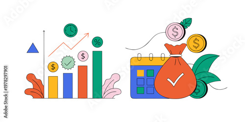Financial success and savings concept with growing bar charts currency symbols money bag on a calendar background financial planning business growth finance management