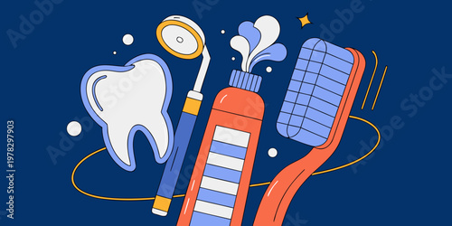 Dental health and oral hygiene illustration featuring a tooth toothbrush toothpaste dental mirror on a dark blue background toothbrush toothpaste dentistry healthcare illustration