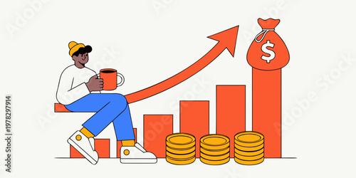 Financial success and wealth building concept with a man resting on a rising bar chart beside a bag of money and gold coins financial growth wealth accumulation investment business