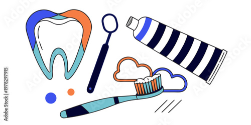 Dental hygiene care set with tooth toothbrush toothpaste and mouth mirror flat illustration toothbrush toothpaste dentistry healthcare illustration cleaning wellness clinical