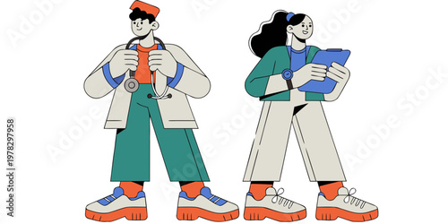 Flat illustration of a male doctor and female nurse in professional medical attire with healthcare professional hospital stethoscope clipboard physician medicine practitioner