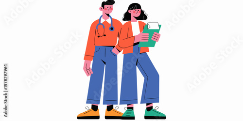 Medical professional team of doctor and nurse character holding medical records illustration with professional healthcare hospital physician illustration medicine consultation