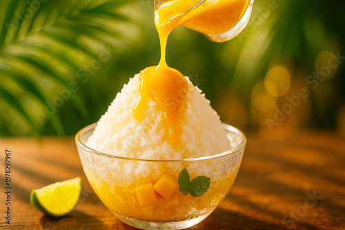 Mango syrup being poured over Japanese shaved ice or kakigori in a glass bowl