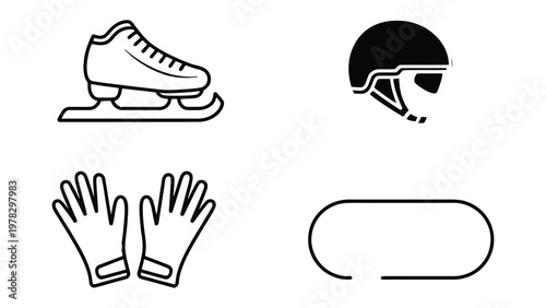 Ice Skating Gear Illustration: Illustrative images of ice skating essentials, including a skate, helmet, gloves, and rink outline, perfect for representing the sport and its gear. 