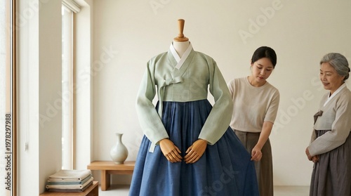 Korean hanbok displayed on a mannequin, showcasing traditional elegance in a minimalistic setting
