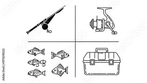 Fishing Essentials: A captivating illustration showcases the core components of angling: a fishing rod, reel, a tackle box, and an array of fish.