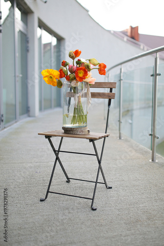 table, chair, interior, furniture, window, home, flower, room, flowers, decoration, chairs, design, bouquet, house, dining, vase, decor, cafe, wood, outdoor, restaurant, wall, wooden, floor, patio, Or