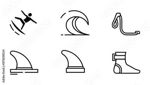 Surfing icons: A collection of simple surfing icons, designed with clean lines, including a surfer on a board, a crashing wave, a surfboard fin and other related equipment.