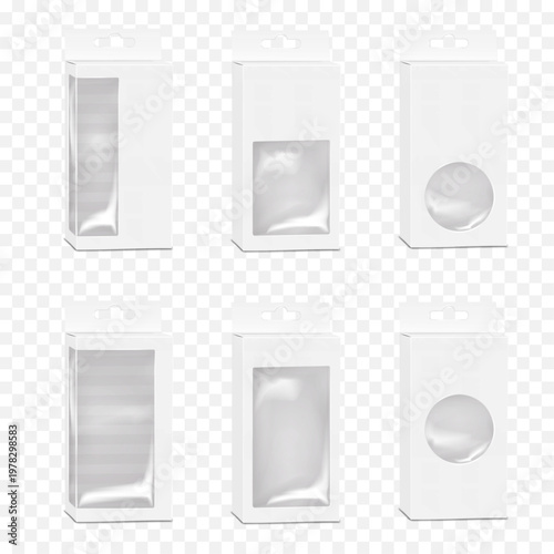 Window box set. Mock-up. White blank paperboard box with clear plastic insert, tuck-in flap, hanging euro slot. Realistic 3d vector mockup. Transparent display product package. Easy editable template