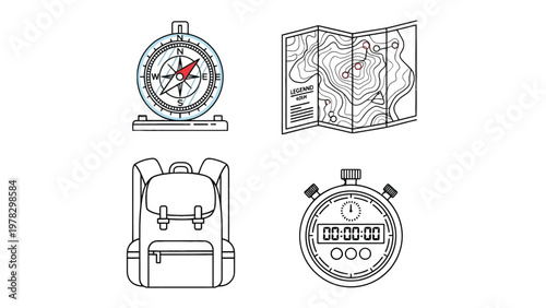 Exploration Essentials: A collection of navigational tools ready for adventure, featuring a compass, map, backpack, and stopwatch, inviting exploration and the thrill of discovery.