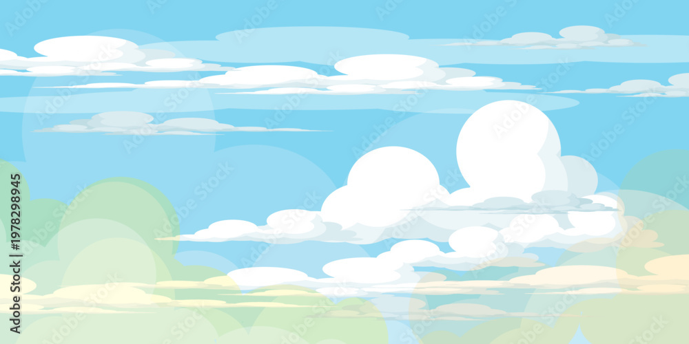 Fototapeta premium Illustration of a blue sky with white clouds in a flat style. Blue sky background and white clouds. Cartoon sky,summer background.. 