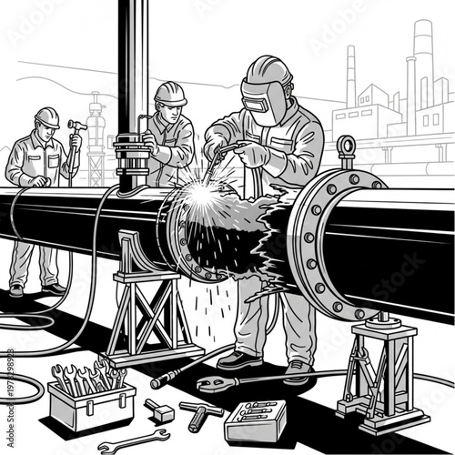 Workers Repairing a Large Pipe with Welding and Inspection.