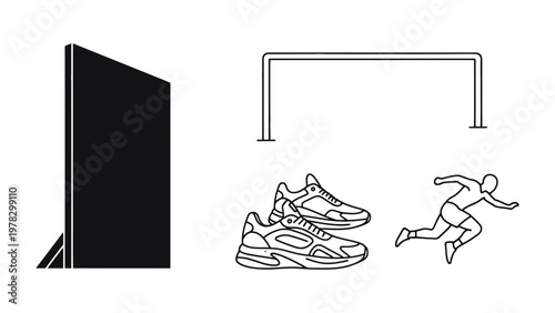 Speed & Agility: Dynamic line art of a runner in action, accompanied by training equipment: hurdle, shoes, and starting block. Depicting a scene of athleticism and speed.