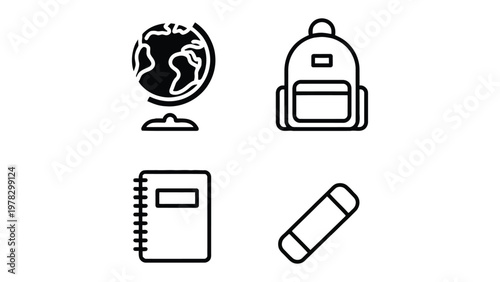 Essentials of Education: Iconic illustrations of a globe, backpack, notepad, and eraser, thoughtfully arranged to represent the core elements of learning and scholastic pursuits.