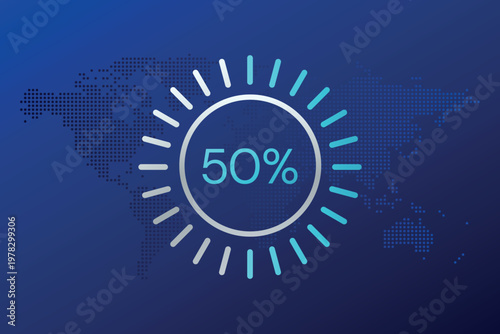 50 percent circle chart symbol. Vector infographic sign. Dotted World Map background. Illustration for business, finance, report, web design, presentation, market share