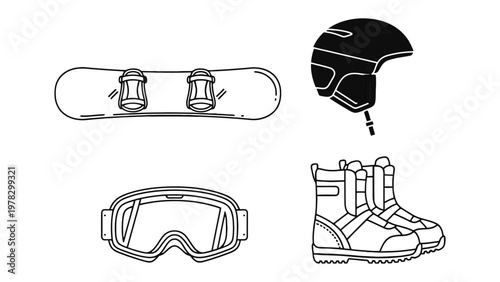 Snowboarding Essentials: A carefully curated array of equipment lies ready, poised for a thrilling day on the slopes, this image captures the essential tools for a day of snowboarding adventure.