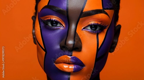 Artists apply bright face paint with bold designs on a model. The paint features vivid colors like orange and purple. The process highlights creativity and skill.