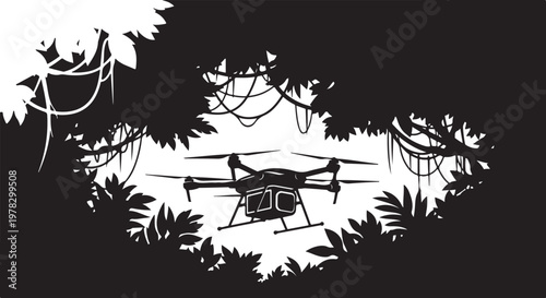 Drone flying through jungle foliage, black and white vector illustration, aerial vehicle, tropical landscape