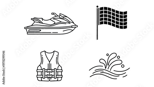 Water sports vector graphic set: Capturing the essence of aquatic adventures, this vector graphic set presents essential elements of water sports with precision and style. Elements include jet ski.
