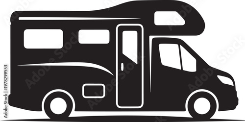 Motorhome, RV, camper van, recreational vehicle, travel trailer, black silhouette, vector icon