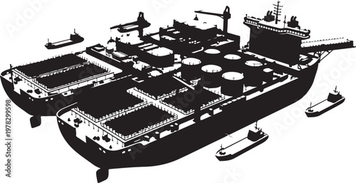 Industrial cargo ship, oil tanker vessel, black and white illustration, transportation icon
