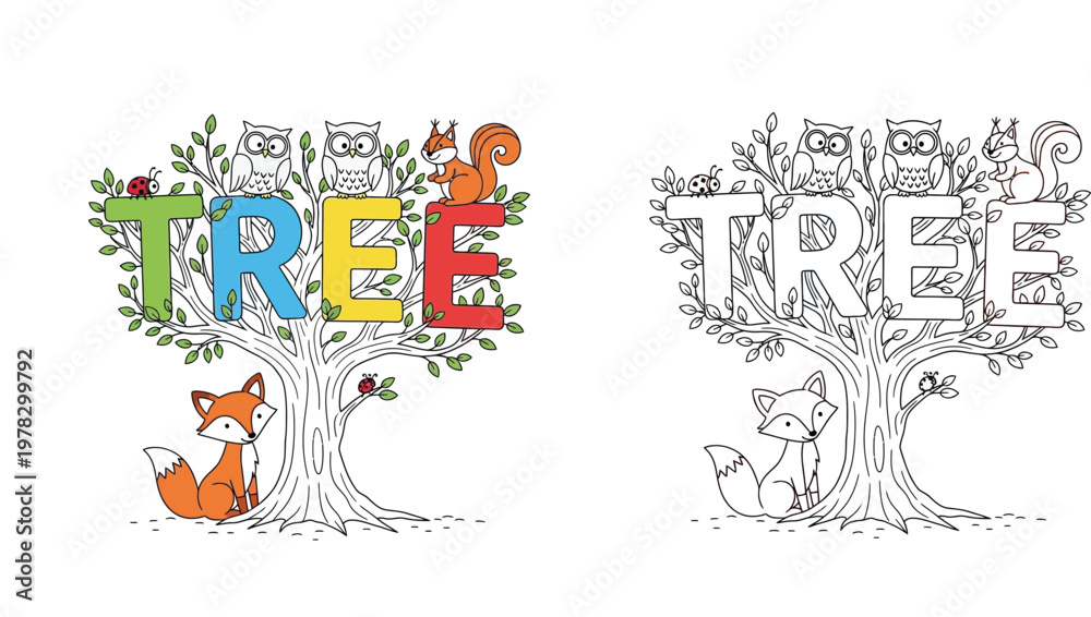 Obraz premium Cute woodland animals and tree typography illustration. Color and black and white outline versions for kids coloring book page.