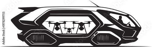 Futuristic drone delivery car, autonomous vehicle, drone transport, modern logistics concept