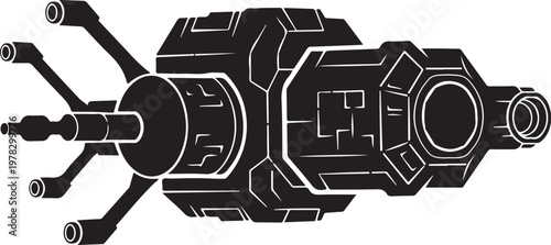 Futuristic spaceship, sci-fi vehicle, black and white illustration, futuristic transportation, spacecraft design