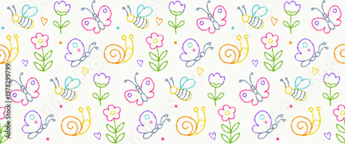 Summer seamless pattern with crayon butterfly, bee, flowers and snail. Cute spring flowers and insects hand drawn with chalk texture. Kids pattern with butterflies and bees, vector illustration