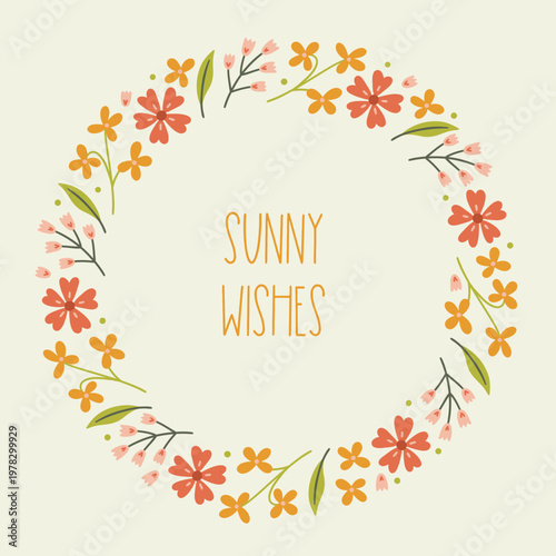 Floral greeting card with flowers and leaves on white background. Perfect for seasonal holidays and decorations. Hand drawn frame, spring and summer wreath