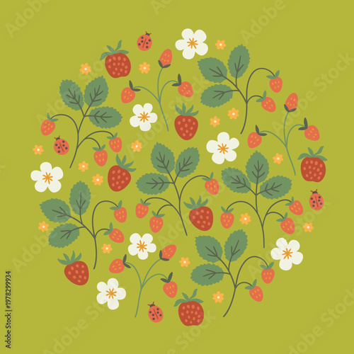 Summer greeting card with strawberries, flowers and leaves on green background. Circle ornament. Perfect for seasonal holidays and decorations. Vector illustration
