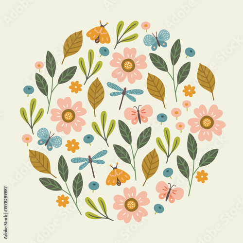 Summer greeting card with flowers, moths, butterflies, dragonflies, berries and leaves on white background. Circle ornament. Perfect for seasonal holidays and decorations. Vector illustration