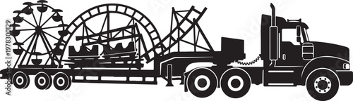 Carnival, amusement park ride, truck transport, fairground vector icons