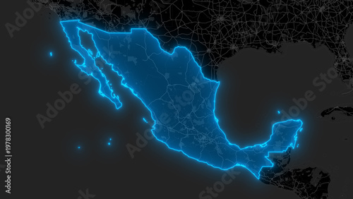 Fotografía Stylized Blue Glow Map on Dark Background High Resolution Digital Graphic - Mexi
