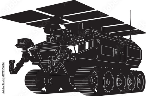 Robotic Mars Rover, Space Exploration Vehicle, Black Vector Illustration, Solar Panels