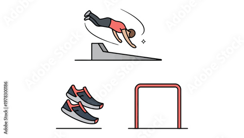 Parkour Elements: An illustrative representation of parkour elements, showcasing a person performing a dynamic leap, a ramp for training, a set of athletic shoes, and a single bar.