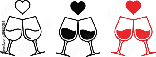Three sets of clinking wine glasses with heart in outline, solid black, and red styles