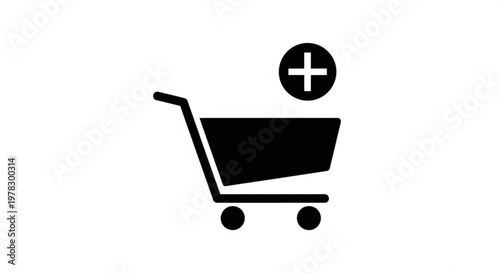 A minimalist vector graphic of a shopping cart with a plus sign above it, symbolizing adding items to cart.
