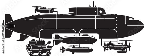 Military vehicles, submarine, tank, helicopter, missile, drone, black icons