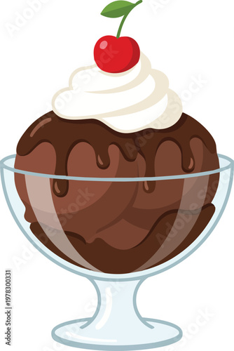 Chocolate ice cream sundae with chocolate sauce, whipped cream, and a cherry in a glass bowl isolated on transparent background