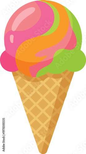Photos Rainbow sherbet ice cream scoop with pink orange and green swirls in a waffle co