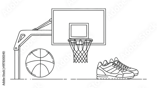 Basketball Essentials: A minimalist outline of the equipment needed for a basketball game. Perfect for any design or project related to basketball.
