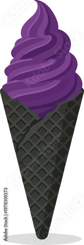 Purple taro or ube soft serve ice cream in a black charcoal waffle cone isolated on transparent background