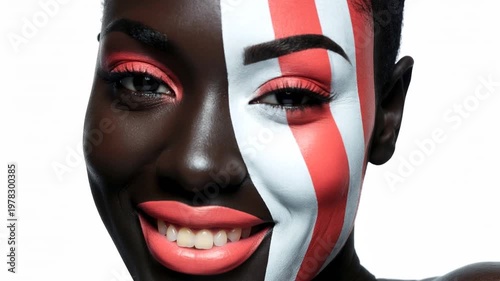 Four frames show a model with artistic makeup using bright colors and patterns. The focus is on the details of the face paint and the model's smiles, highlighting creativity in design.