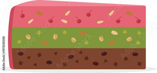 Slice of Spumoni ice cream cake with cherry pistachio and chocolate layers isolated on transparent background