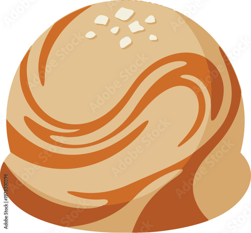 Salted caramel ice cream scoop with butterscotch swirl and sea salt flakes isolated on transparent background