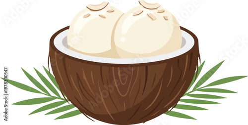 Coconut ice cream scoops with coconut flakes served in a natural coconut shell bowl isolated on transparent background