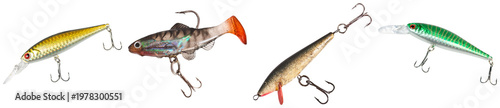 Fotografija Diverse collection of four realistic fishing lures, vibrant colors and designs, hooks clearly visible