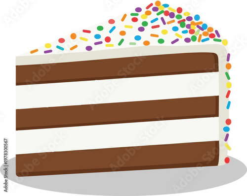 Layered chocolate and vanilla ice cream cake slice with rainbow sprinkles isolated on transparent background